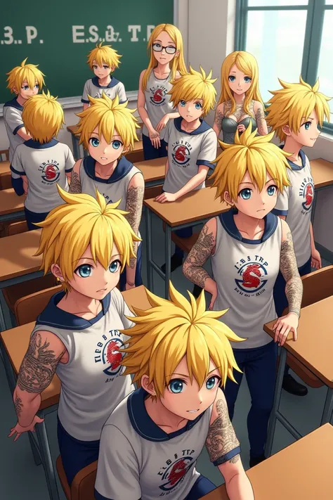 38Étudiants tatuage dragons cheveux blonds  dans une salle de classe portant leur tenue portant le logo E. S. b. T. P  style dessin anime tokyo gang