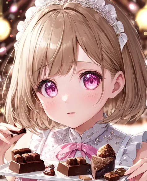 (masterpiece, best quality:1.2), (absurdres,  highres, ultra-detailed), (perfect anatomy), 
Cute girl 、cook chocolate、 Bob Hair 、Light brown hair 、Pink Eyes、Background sparkle 、 cute dress、Handmade Chocolates 

(8k, RAW photo:1.2),detailed face and eyes,in...