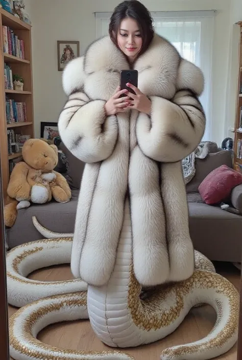 A selfie picture of  beautiful asian lady who is lamia, naga, snake queen is wearing a big fluffy fox fur coat with big fur collar,  surrounded by the huge plushie. She is slithering at home, her snake tail color is brown white and gold color