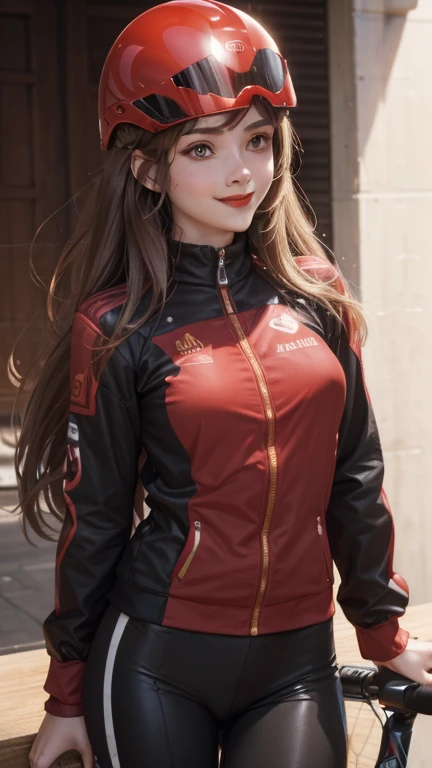 woman , long hair golden brown, normal, she is solo, from alternative world ,best quality, realistic, cycling full dark red suit and cycling sports black shorts, she is stand , smile, red lipstick , helmet 