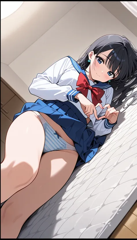 ( beautiful girl : 1.3), 1 girl,( sailor suit, Long Sleeve, skirt, earrings, striped underwear , pubic hair), black hair, long hair,smile, is bashful,blush,Lying down, open,Heart in hands, dressing room, mat, moving, dynamic angle , taken from below,master...