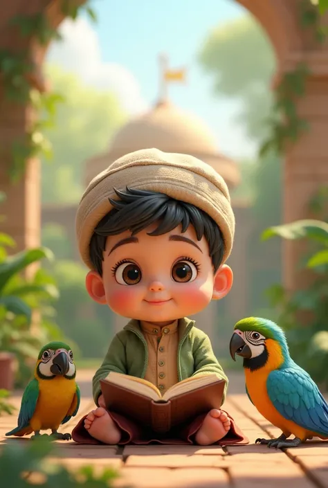 A beautiful Pakistani baby 3D cartoon animation who is about  ahead Wearing a hat Quran Pak 
Reading a book sitting with  birds And many parrots in a very beautiful garden 
And there is also a very beautiful mosque