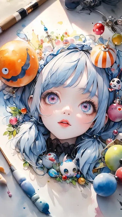 Tim Burton Style、extremely realistic、Three Dimensional Illustration、Light Blue pigtails、Lively decorations、 watercolor、