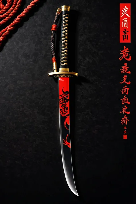 Dark samurai-themed phone wallpaper on a black background. A single, long curved katana facing downward, with an engraved blade clearly visible and a smaller handle featuring a sageo (decorative cord). Bold red Japanese calligraphy. Leave empty space aroun...