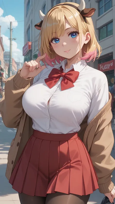 perfect body, nice body, curvy, , cow horns, blonde hair, multicolored hair, blue eyes, red bowtie, brown cardigan, red skirt, pleated skirt, micro miniskirt, black pantyhose 