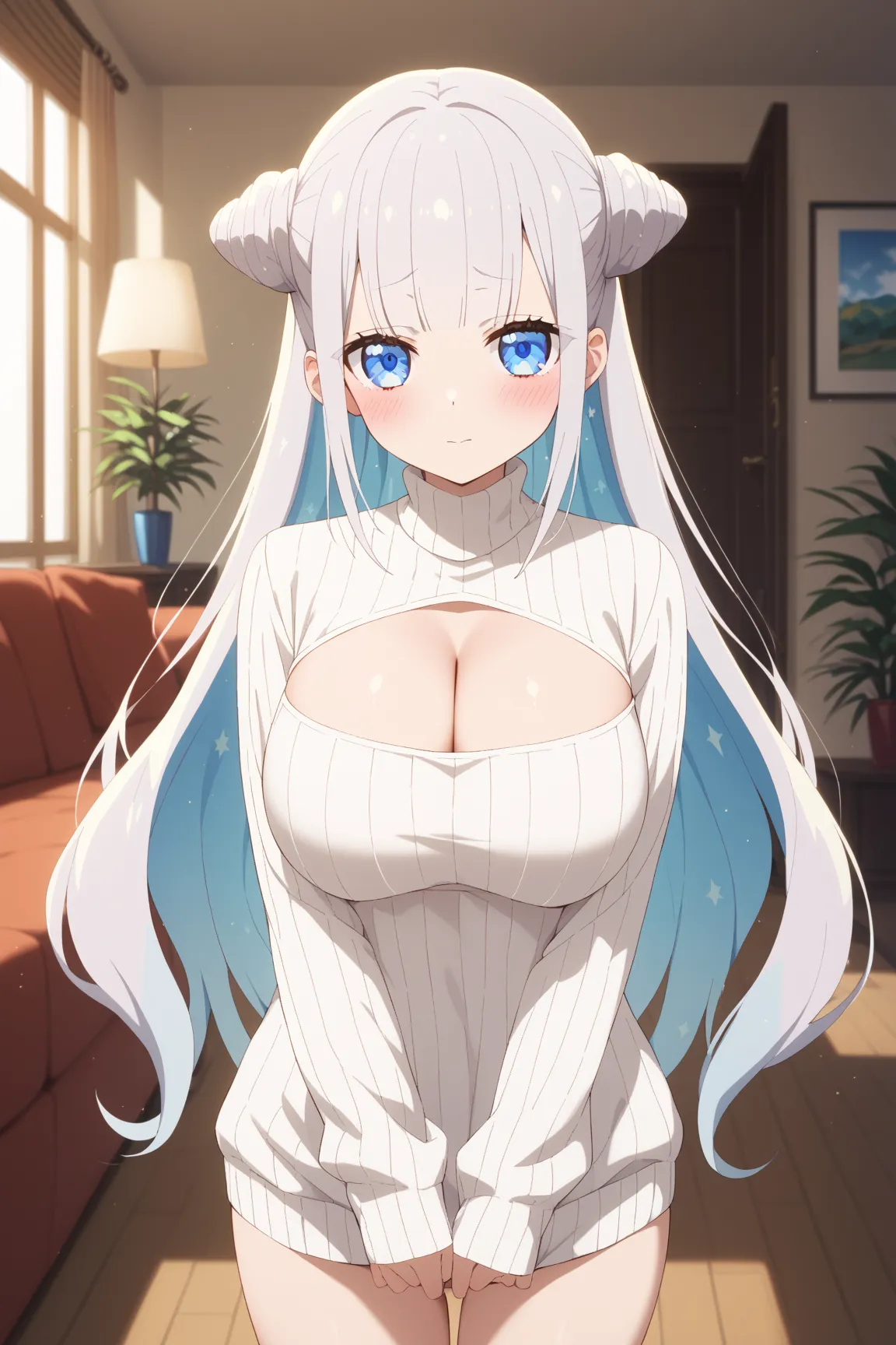 masterpiece,best quality,{{detailed beautiful face and eyes}}, very detailed background,
Byakuya Mimori,{{{megami magazine}}},long hair,silver hair,multicolored hair, hair bun,double bun,cone hair bun,blue eyes,large breasts,
white sweater,cleavage cutout,...