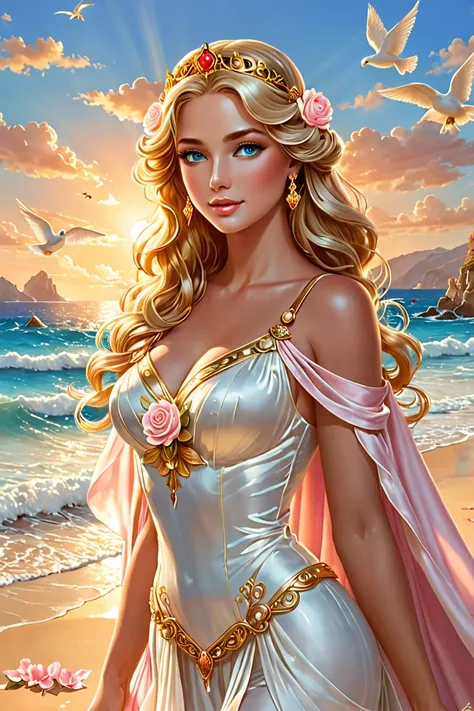 Aphrodite,  Greek goddess of love and beauty ,  is dazzling and enchanting .  She has long, golden hair that falls gracefully over her shoulders .  Her heavenly blue eyes radiate charm and seduction .  clear and luminous skin ,  with a slender and elegant ...