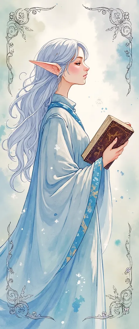 ( masterpiece:1.2),( top quality),( very detailed),( best illustration),8k,16k,wallpaper,(fantasy elf),(watercolor),(woman),(womanエルフ),( Silver Hair),( the wizard),(美しい the wizardのローブ),(Magic book), Beautiful Gradients, art nouveau style frame