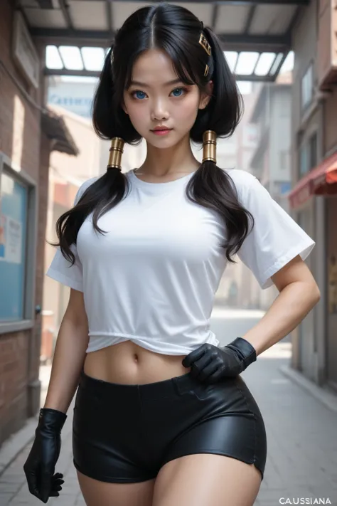 He saw,  black hair tied in a double ponytail,  blue eyes, Age: 16-20, Ethnicity: caucasiana/ Asian,  detailed outfits:  short white top, tight black shorts, black gloves,  accessories: gold hair clips ,  Facial features:  big eyes,  Expression: determined...