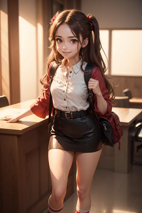 Anime- series,  1 girl,  Long brown hair 2 braids, pretty smile,　cute appearance,   long hair　  brown eyes　  big front desk face　 bite big eyes　  small hands 　 thin hands 　Shorthand 　 small feet 　  THIN LEGS 　Short legs　 kurz sleeve blouse 　 Rock　 Knee soc...