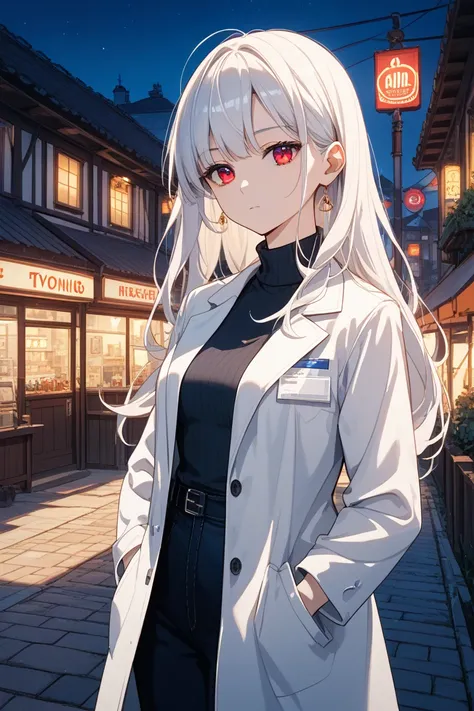 1 girl , white long hair , right Orange eyes , sleeveless turtleneck , lab coat , intersection
 , expressionless , source_anime , rating_safe , score_9, score_8_up, score_7_up, score_6_up, score_5_up, score_4_up, in town ,
 night , anything-v4.0 , masterpi...