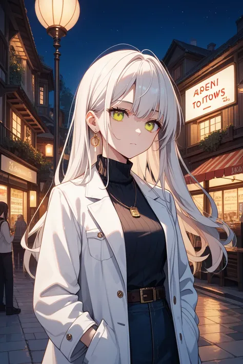 1 girl , white long hair , right Orange eyes , sleeveless turtleneck , lab coat , intersection
 , expressionless , source_anime , rating_safe , score_9, score_8_up, score_7_up, score_6_up, score_5_up, score_4_up, in town ,
 night , anything-v4.0 , masterpi...