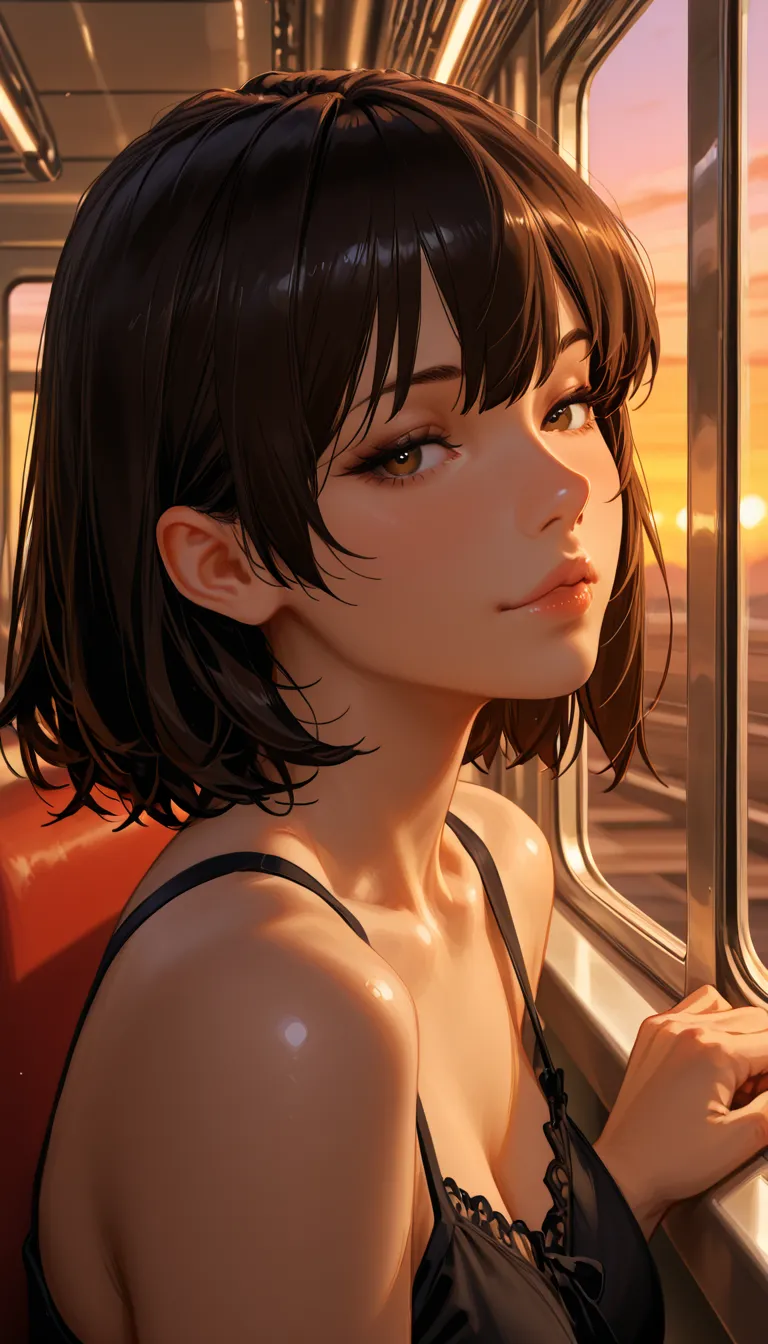 Score_9, Score_8_up, Score_7_up, Score_6_up, Score_5_up, Score_4_up, Source_anime, Tag1, Tag2, seductive face,anime girl sitting on a train looking out the window, beautiful anime portrait, lofi portrait at a window, beautiful anime girl, lofi portrait, lo...