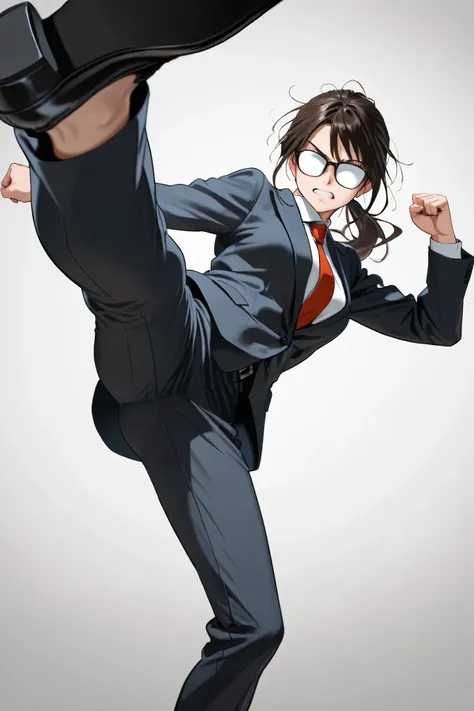 kicking, flying_kick, 1girl, female_focus, solo, suit, formal, glasses, necktie, clenched_hands, opaque_glasses, teeth, pants, white_background
