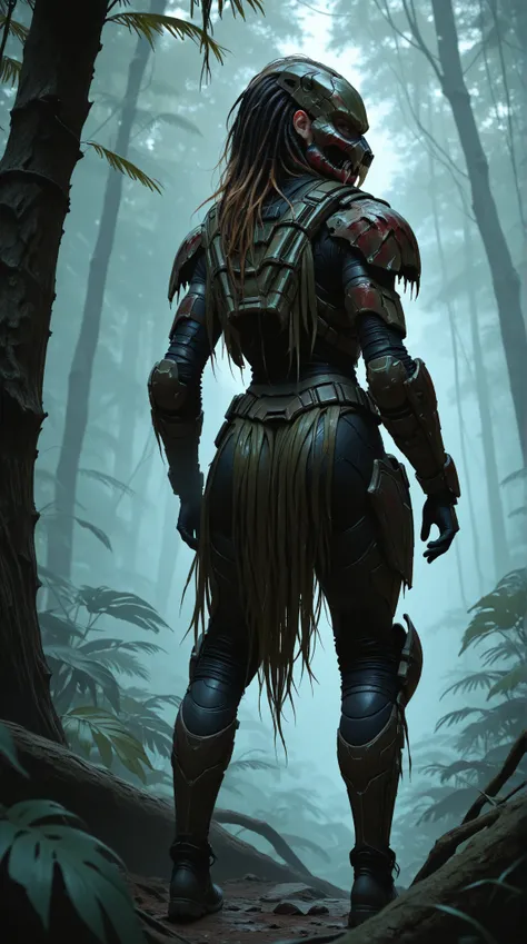  1 girl,  very feminine, In Predator armor, In the jungle on a fallen tree,  full body shot, UHD,  masterpiece,  best quality , 8k, ultra realistic details 