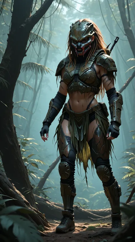  1 girl,  very feminine, In Predator armor, In the jungle on a fallen tree,  full body shot, UHD,  masterpiece,  best quality , 8k, ultra realistic details 