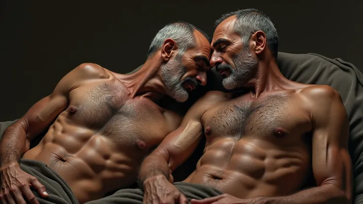 two arab men from 50-70 years old, gray short-hair or bald, moustache, extremely hairy, nude, sexual position, lying, skinny