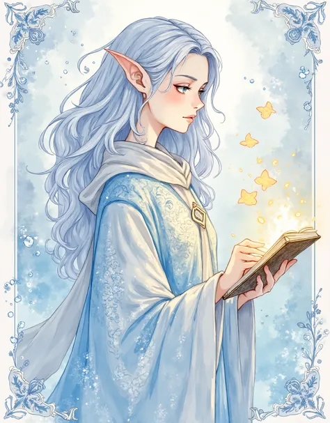 ( masterpiece:1.2),( top quality),( very detailed),( best illustration),8k,16k,wallpaper,(fantasy elf),(watercolor),(woman),(womanエルフ),( Silver Hair),( the wizard),(美しい the wizardのローブ),(Magic book), Beautiful Gradients, art nouveau style frame