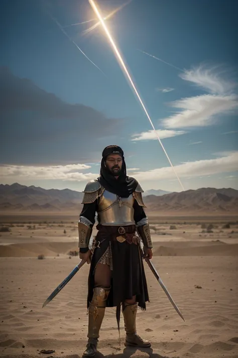 A realistic and highly detailed scene of a vast desert battlefield during the Day of Judgment. A Middle Eastern warrior from the time of the Prophet is standing, wounded, with a look of determination, wearing traditional armor and carrying a sword. The sky...