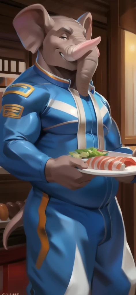  alone , Male tall , Big torso ,Standing , den ,elephant​ pig,Holding a tray with sushi food., portrait pose, Blue Military Spacesuit,  Overweight ,  Muscle Bundle, Smirking psychosis​ , by chunie ​