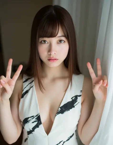 High-angle, The image is a photograph of a young woman named kanna, with a fair complexion and long, straight brown hair, and bangs. Her skin is snow-white. Deep V-neck, cleavage. Riko is wearing a sleeveless, white dress with black abstract brushstroke pa...