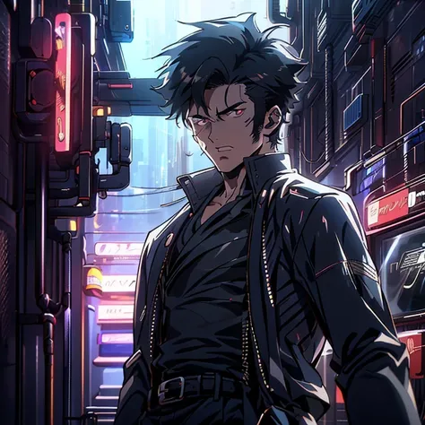  20-year-old male, With an imposing look with a sharp face,  deep black eyes, with black hair styled and dressed with a white jacket and shirt.  Retro anime man, 80 years old retro anime atmosphere door bar background,  80s anime style , retro anime.
