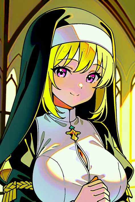 ( Masterpiece),( top quality),(ultra detailed),( highres),2D, anime, ( Anime art), lineart , watercolor,loli,1 girl,smile,(blonde hair),cleavage, (mega breasts),(nun:1.6),(monastery uniform:1.6)
