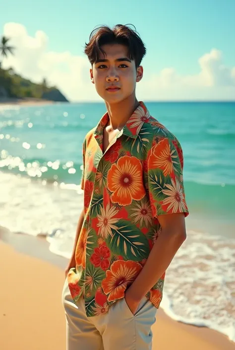 A handsome Korean man wearing a Hawaiian shirt stands on the edge of the beach with the sea behind him.