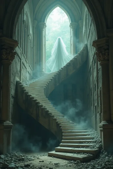 
spiral staircase leading to heaven trough a broken church with souls going trough it