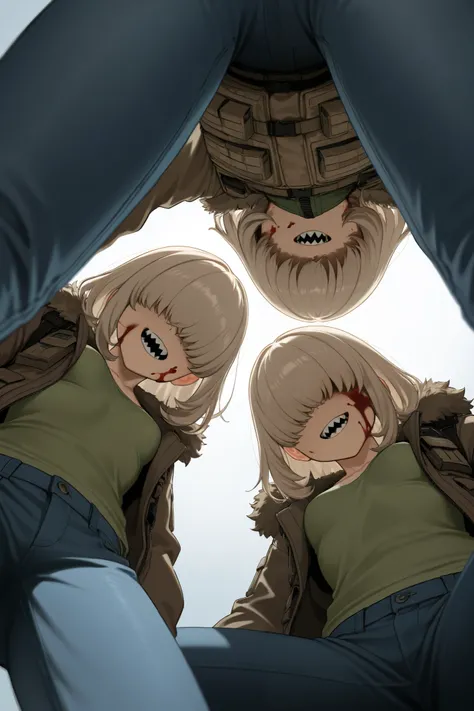 Hair over eyes, {{{{{triplets}}}}}, {{{{{3girls}}}}}, sharp teeth, tall, beige hair, medium hair, brown sidelocks, fur trimmed black jacket, jeans, from below, small breasts, tactical clothes, green shirt, blood on face, cannibalism, [victim pov]