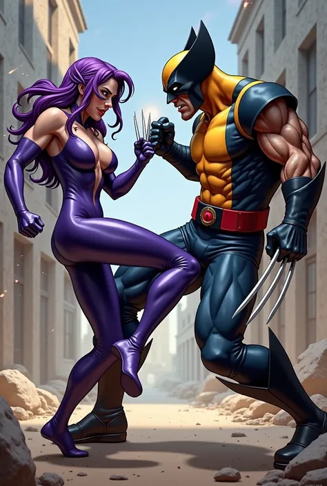 Huntress female purple black costume, cape, mask, black hair, sexy, DC, Robin male DC, fight, Huntress kicks crotch, ballbusting