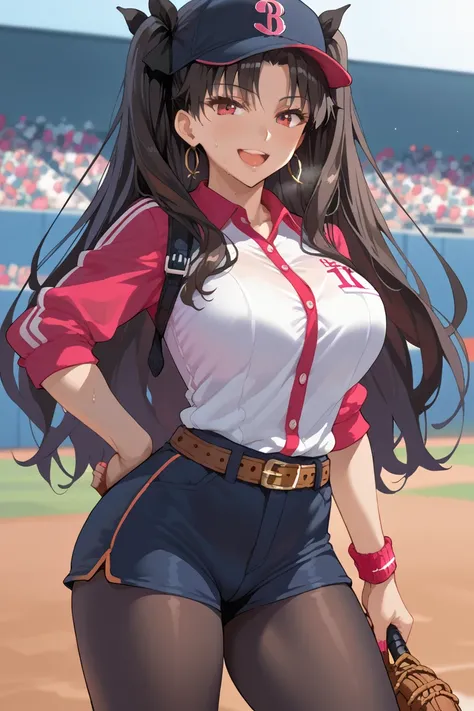 Rin Tohsaka，Source anime, Tall girl, Fit girl,score_9, score_8_up, score_7_up, score_6_up, uncensored midgar, long hair, very long hair, black hair ribbon, black hair, red eyes, sidelocks, ribbon, large breast, gyaru, 1girl, baseball_uniform, hat, sportswe...