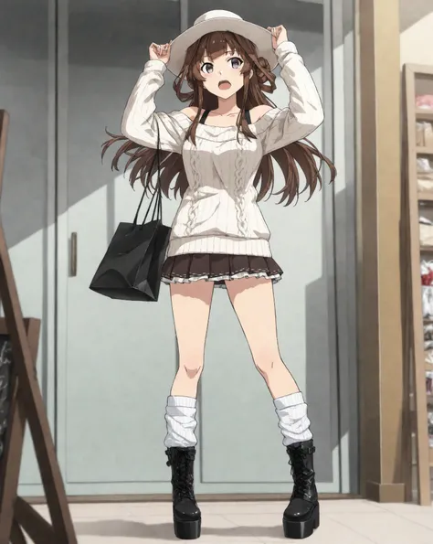 1girl, ADDCOMM, clothing store, upper body, highres, ADDABLE, ADDCOL, (official style, 2d cel anime, full-color, highres, kongou \(kancolle\), anime coloring, off-shoulder sweater, mini skirt, loose socks, platform boots, hands on headwear, holding bag, st...