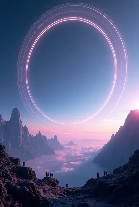 A stunning view of Earth’s sky from the surface, showcasing gigantic rings stretching across the horizon. The sky is a mix of deep blues and purples, with the rings glowing under the sunlight. A futuristic city or natural landscape is visible below, with p...