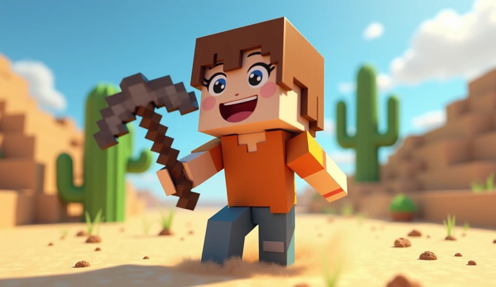 Minecraft survival episode number one
Make a animated character hold a pic axe 
Face expressions is very happy and excited 
In background add Desert biom