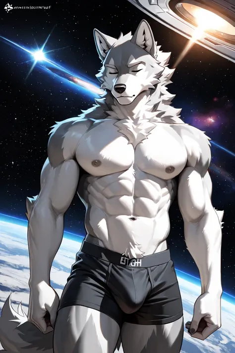 (masterpiece, 4K, ultra detailed) a wolf furry, wolf, furry, masculine, naked, alone, space, eight-pack, abs, muscular, wide body, black boxers, bulge, illustration, anime, closed eyes