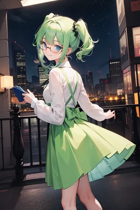  1girl ,light green hair, two side up, night city,smile, Glasses,  blue eyes, turn around,walk