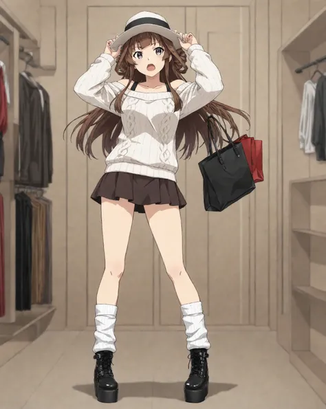 1girl, ADDCOMM, clothing store, upper body, highres, ADDABLE, ADDCOL, (official style, 2d cel anime, full-color, highres, kongou \(kancolle\), anime coloring, off-shoulder sweater, mini skirt, loose socks, platform boots, hands on headwear, holding bag, st...