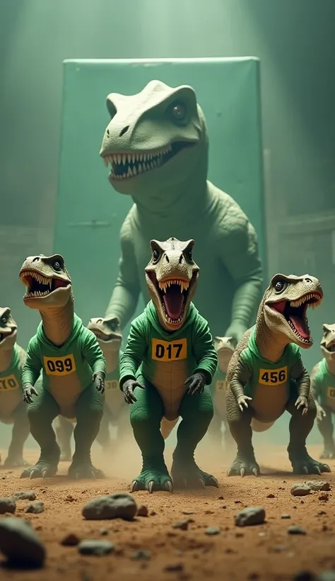 "A group of diverse dinosaur species participating in a Squid Game-inspired competition. Each dinosaur is dressed in a green Squid Game tracksuit with a unique player number. A towering Tyrannosaurus Rex wears number 001, a swift Velociraptor with number 0...