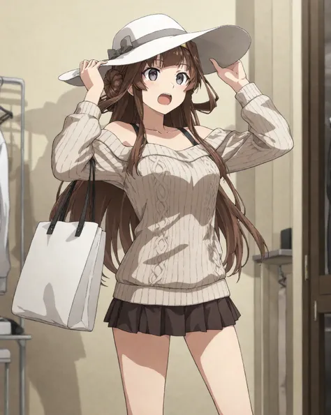 1girl, ADDCOMM, clothing store, upper body, highres, ADDABLE, ADDCOL, (official style, 2d cel anime, full-color, highres, kongou \(kancolle\), anime coloring, off-shoulder sweater, mini skirt, hands on headwear, holding bag, standing, open legs, open mouth...