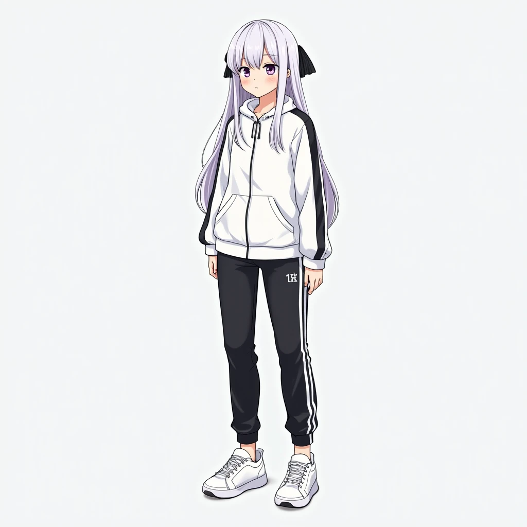 14-year-old girl, anime girl, long hair with a bow, white hair, purple eyes, sports white sweatshirt, black zipper with black sleeves with white stripes, black thin sweatpants with white stripes, white sneakers, anime style, He stands tall, he stands tall,