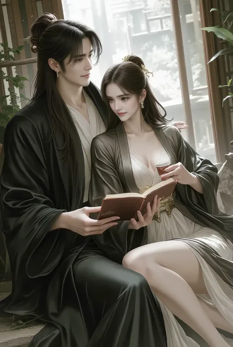 A young man with long hair in black, close to a girl, they are wearing an ancient Chinese dress during the Han Dynasty, they are sitting reading a book, drinking tea together