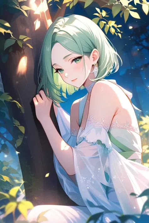 Green Haired Bob Green Eyes Female Illustration Half Elf Earrings Hanging by a Tree with Highlights on Night Hitomi Reading a Book Beautiful Skin White