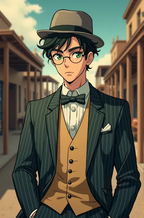 anime style Guilherme Fontes Jeff a green-eyed man wears round glasses in a vintage style outfit with a bow tie, vest and pinstripe suit. He is wearing round glasses and a gray bowler hat. the background appears to be in the old west type 1920