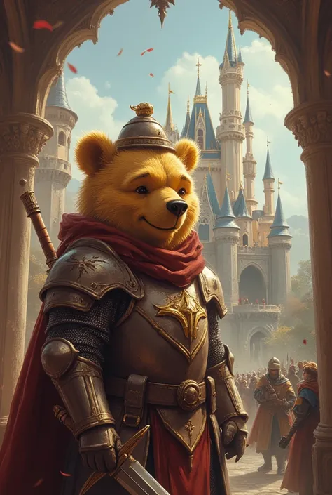 winnie the pooh knight , masterpiece,  best quality , Super Detail,an epic,4K, magical castle,  In fantasy art style,  cinematic light ,  ultra detailed ,  8k resolution ,((Winnie the Pooh drawing style )),winnie wears a honeypot on his head ,