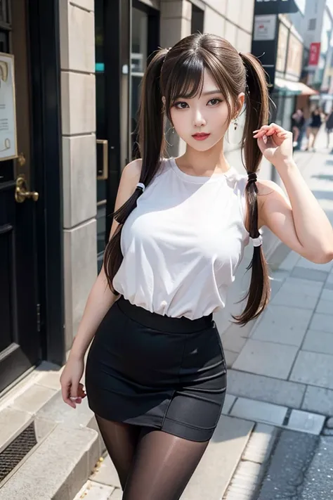 ((full body)),((full pose picture)) Masterpiece: 1.3), (8K, Photorealistic, RAW Photography, Best Quality: 1.4), Japan Girls, Standard Body Shape: 1.3, (light brown long twintails Hairstyle: 1.4),  Ultra Detail Face, Eyes of Detail, Double Eyelids, slim le...