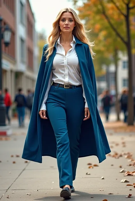 A realistic image of a French woman has large breasts and large hips, fair skin and long blonde hair. wears a long blue cape, white button-down shirt, blue pants and blue shoes. She is walking around the school.