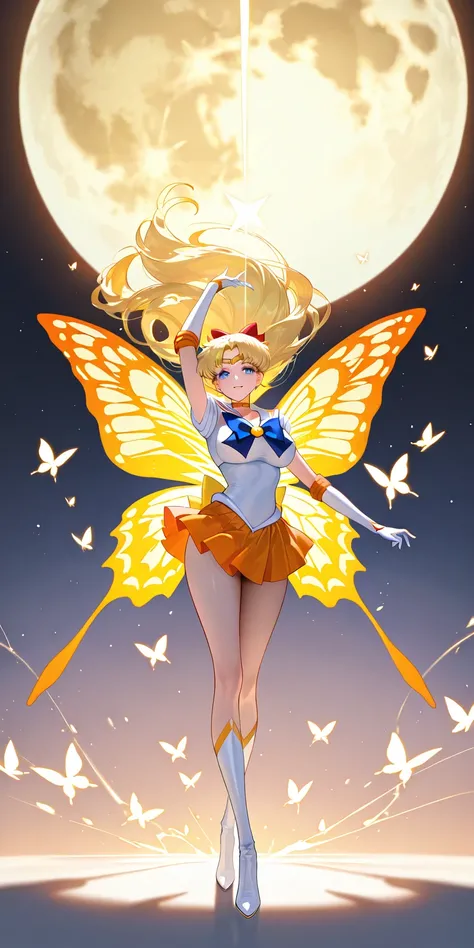 Masterpiece, elegant mature woman, sailor venus\(sailor venus\), tall body, big breast, white sailor senshi uniform (white sailor senshi uniform shirt, white sailor senshi uniform gauntlets, white sailor senshi uniform skirt, white sailor senshi uniform hi...