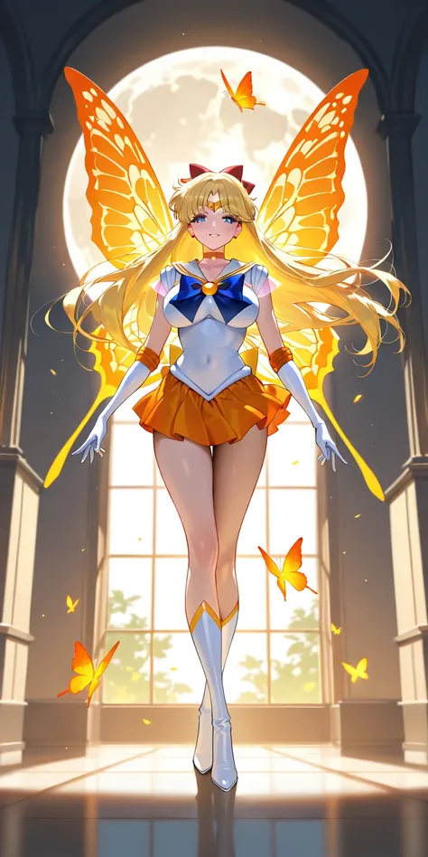 Masterpiece, elegant mature woman, sailor venus\(sailor venus\), tall body, big breast, white sailor senshi uniform (white sailor senshi uniform shirt, white sailor senshi uniform gauntlets, white sailor senshi uniform skirt, white sailor senshi uniform hi...