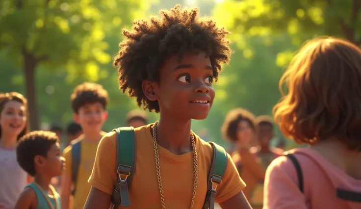  A 17-year-old black boy mid long born hair in park with friends log short original look  
